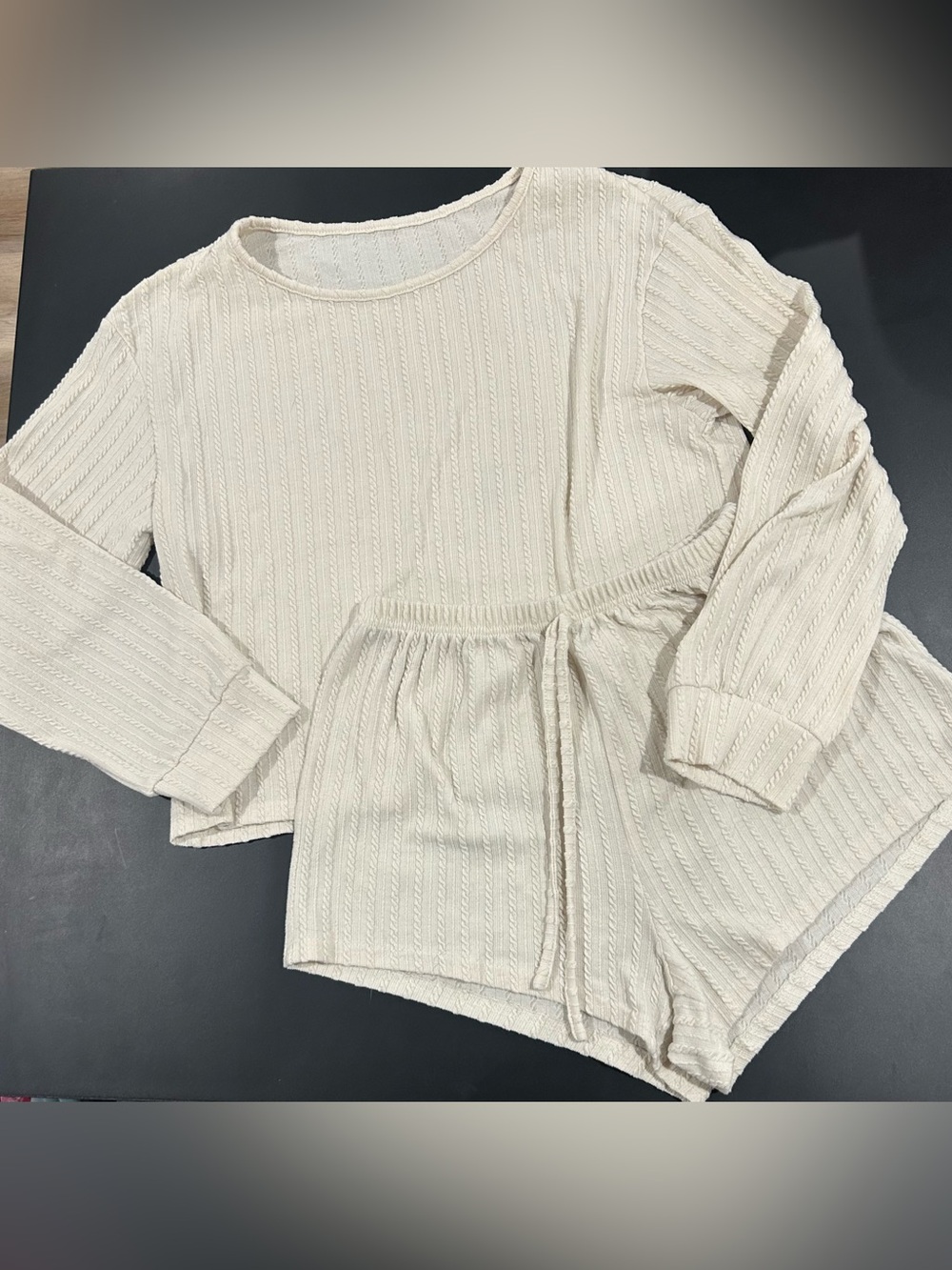 SHEIN Cream Ribbed Long-Sleeve Top & Drawstring Shorts Pajama Set